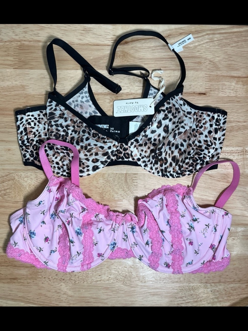 Aerie SMOOTHEZ Bra Lot 34D Leopard Print & Pink Floral Lace Underwire Bras 2 Pc
